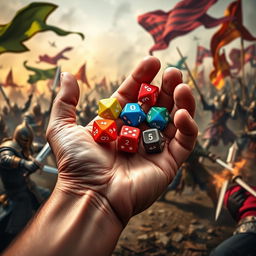 A close-up of a hand holding five colorful polyhedral dice, specifically two of each type (d4, d6, d8, d10, d12), in the act of throwing them