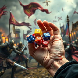 A close-up of a hand holding five colorful polyhedral dice, specifically two of each type (d4, d6, d8, d10, d12), in the act of throwing them