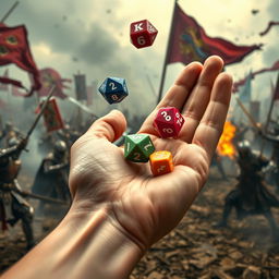 A close-up of a hand holding five colorful polyhedral dice (two of each type: d4, d6, d8, d10, d12) in the act of throwing them