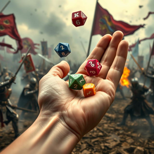 A close-up of a hand holding five colorful polyhedral dice (two of each type: d4, d6, d8, d10, d12) in the act of throwing them