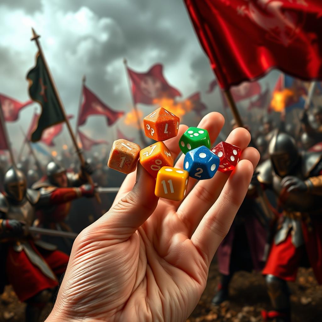 A close-up of a hand holding five colorful polyhedral dice (two of each type: d4, d6, d8, d10, d12) in the act of throwing them