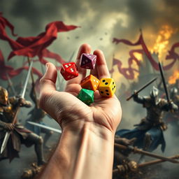 A close-up of a hand holding five colorful polyhedral dice (two of each type: d4, d6, d8, d10, d12) in the act of throwing them