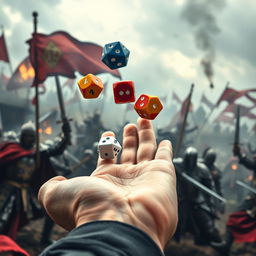 A close-up of a hand holding five colorful polyhedral dice (two of each type: d4, d6, d8, d10, d12) in the act of throwing them