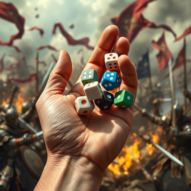 A close-up of a hand holding five polyhedral dice, specifically two of each type (d4, d6, d8, d10, d12), in the act of throwing them