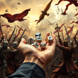 A close-up of a hand holding five polyhedral dice, specifically two of each type (d4, d6, d8, d10, d12), in the act of throwing them