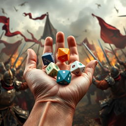 A close-up of a hand holding five polyhedral dice, specifically two of each type (d4, d6, d8, d10, d12), in the act of throwing them