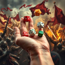 A close-up of a hand holding five polyhedral dice, specifically two of each type (d4, d6, d8, d10, d12), in the act of throwing them
