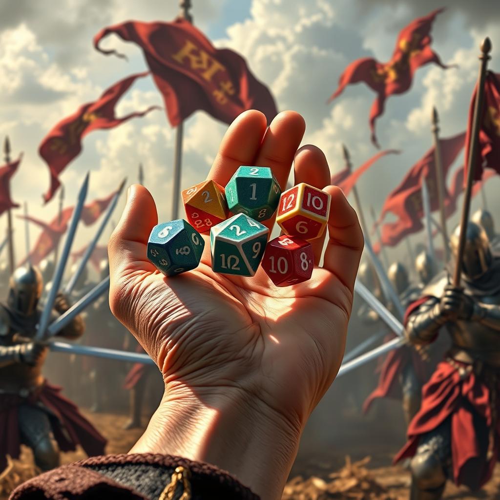 A close-up of a hand holding five polyhedral dice, specifically two of each type (d4, d6, d8, d10, d12), in the act of throwing them