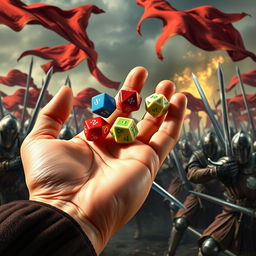 A close-up of a hand holding five polyhedral dice, specifically two of each type (d4, d6, d8, d10, d12), in the act of throwing them