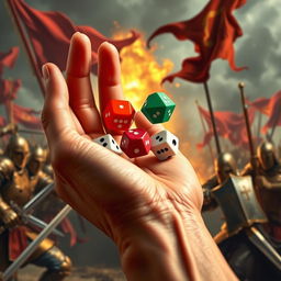 A close-up of a hand holding five polyhedral dice, specifically two of each type (d4, d6, d8, d10, d12), in the act of throwing them