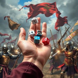 A close-up of a hand holding five polyhedral dice, specifically two of each type (d4, d6, d8, d10, d12), in the act of throwing them