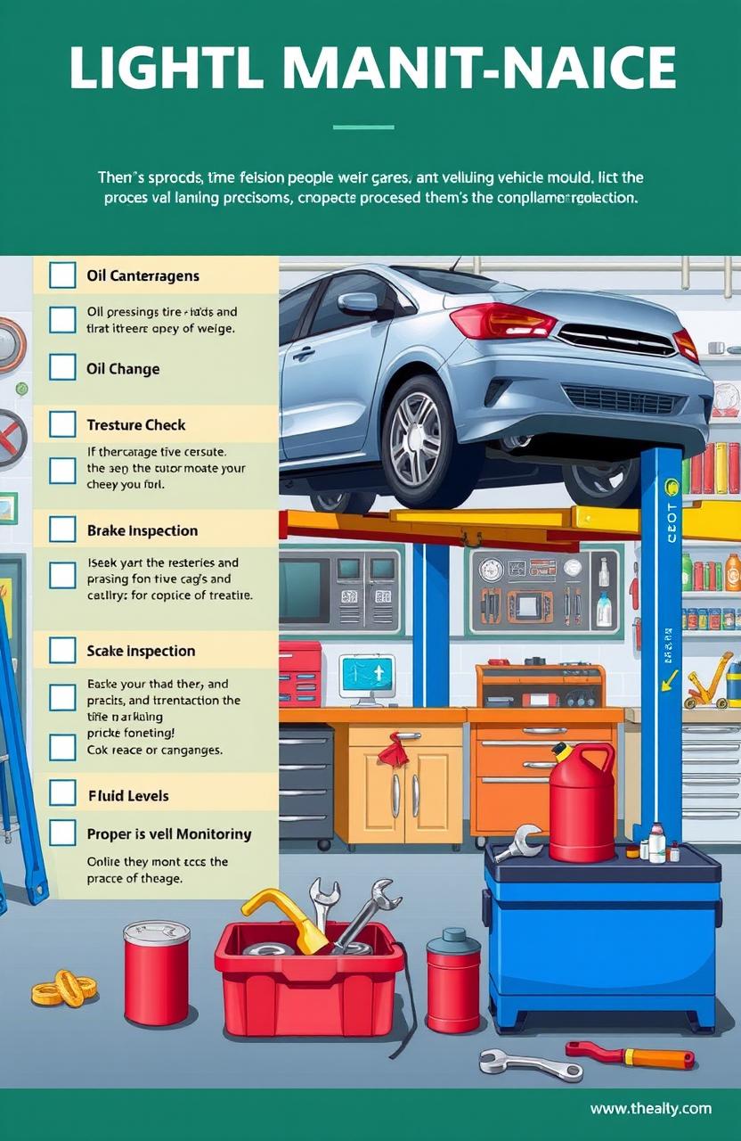 A detailed illustration of a vehicle maintenance guide featuring various aspects of light vehicle care