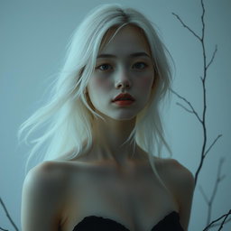 A full-body artistic portrait of a young Japanese woman in her 30s, styled with pale skin and flowing white hair, evoking a subtle horror aesthetic