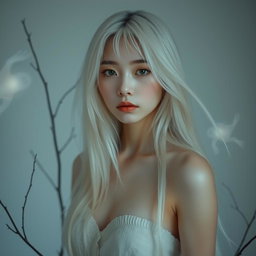 A full-body artistic portrait of a young Japanese woman in her 30s, styled with pale skin and flowing white hair, evoking a subtle horror aesthetic