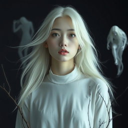 A full-body artistic portrait of a young Japanese woman in her 30s, styled with pale skin and flowing white hair, evoking a subtle horror aesthetic