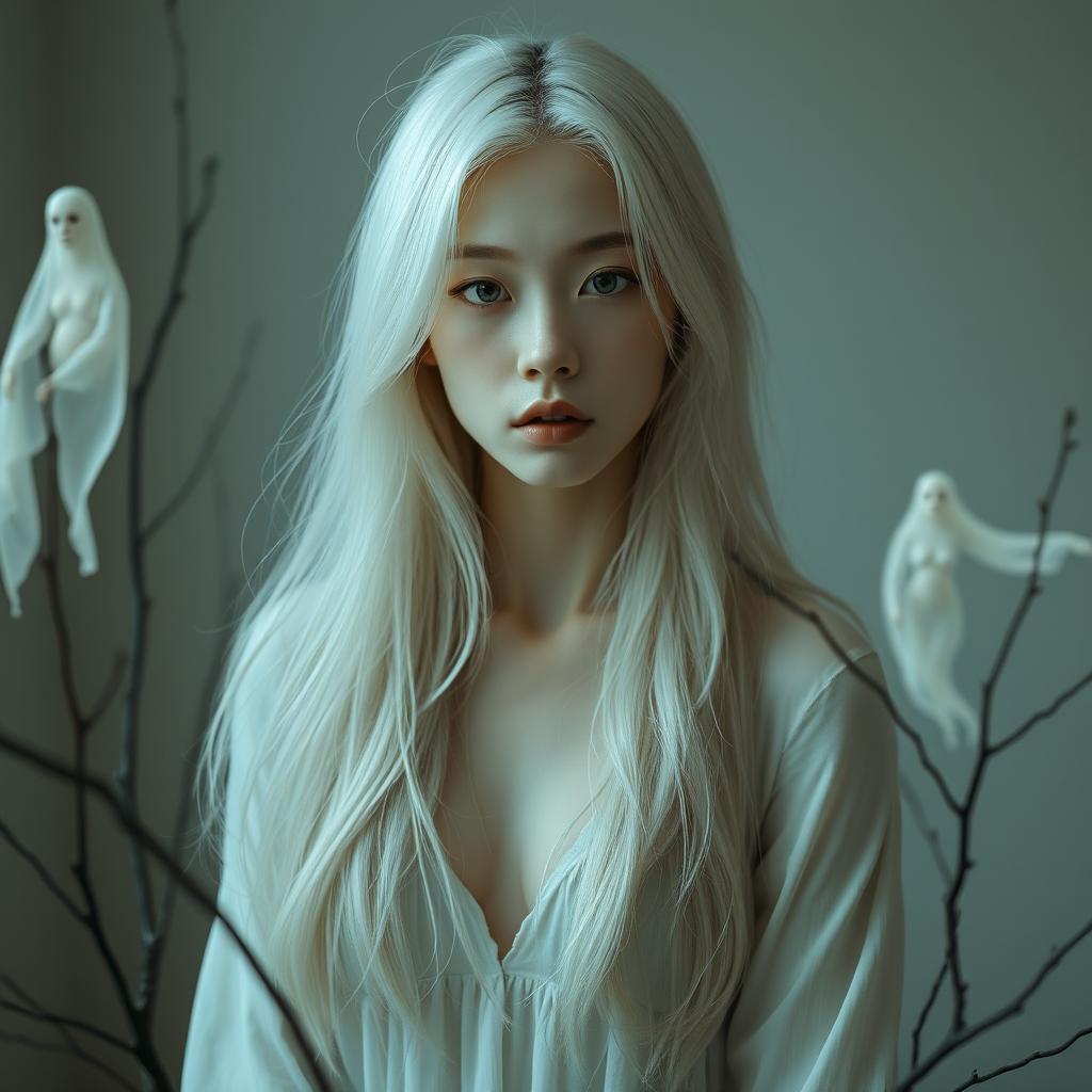 A full-body artistic portrait of a young Japanese woman in her 30s, styled with pale skin and flowing white hair, evoking a subtle horror aesthetic