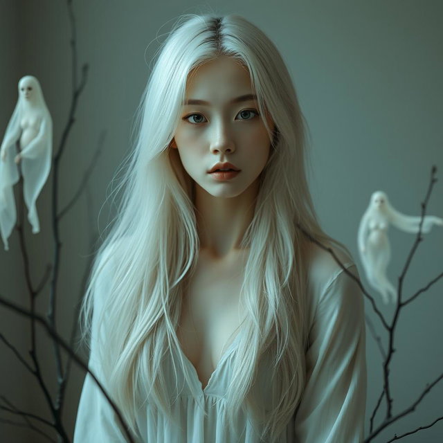 A full-body artistic portrait of a young Japanese woman in her 30s, styled with pale skin and flowing white hair, evoking a subtle horror aesthetic