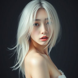 A full-body artistic portrait of a young Japanese woman in her 30s, featuring pale skin and flowing white hair that delicately obscures part of her face