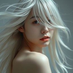 A full-body artistic portrait of a young Japanese woman in her 30s, featuring pale skin and flowing white hair that delicately obscures part of her face