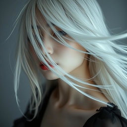 A full-body artistic portrait of a young Japanese woman in her 30s, featuring pale skin and flowing white hair that delicately obscures part of her face