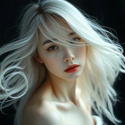 A full-body artistic portrait of a young Japanese woman in her 30s, featuring pale skin and flowing white hair that delicately obscures part of her face