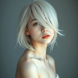 A full-body artistic portrait of a young Japanese woman in her 30s, featuring pale skin and flowing white hair that partially obscures her face