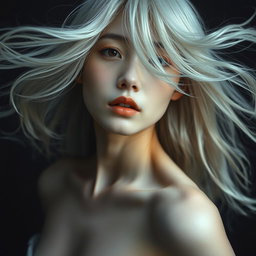 A full-body artistic portrait of a young Japanese woman in her 30s, featuring pale skin and flowing white hair that partially obscures her face