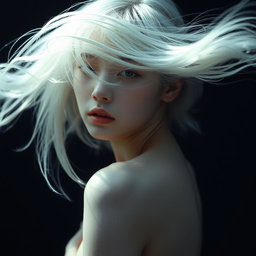 A full-body artistic portrait of a young Japanese woman in her 30s, featuring pale skin and flowing white hair that partially obscures her face