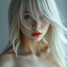 A full-body artistic portrait of a young Japanese woman in her 30s, featuring pale skin and flowing white hair that partially obscures her face