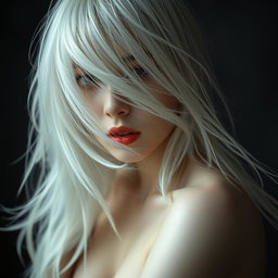 A full-body artistic nude portrait of a Japanese woman in her 30s, featuring pale skin and flowing white hair that gently obscures part of her face