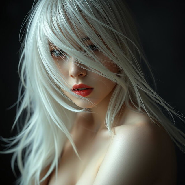 A full-body artistic nude portrait of a Japanese woman in her 30s, featuring pale skin and flowing white hair that gently obscures part of her face