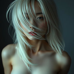 A full-body artistic nude portrait of a Japanese woman in her 30s, featuring pale skin and flowing white hair that gently obscures part of her face