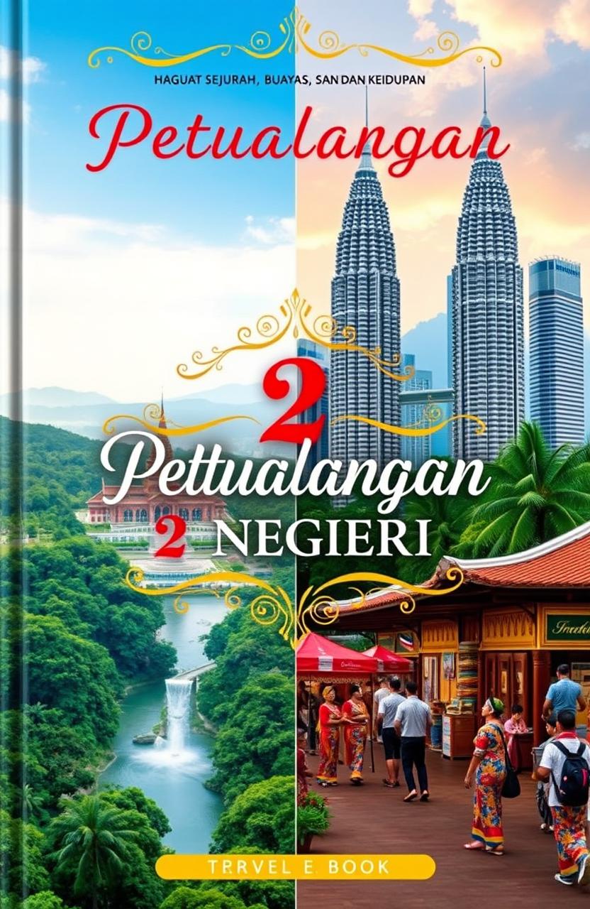 A captivating book cover for a travel-themed book titled "Petualangan 2 Negeri: Menguak Sejarah, Budaya, dan Kehidupan"
