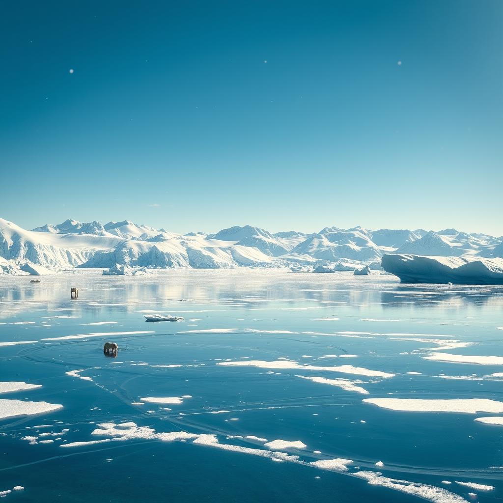 A majestic polar landscape featuring a vast expanse of shimmering ice and snow under a bright blue sky