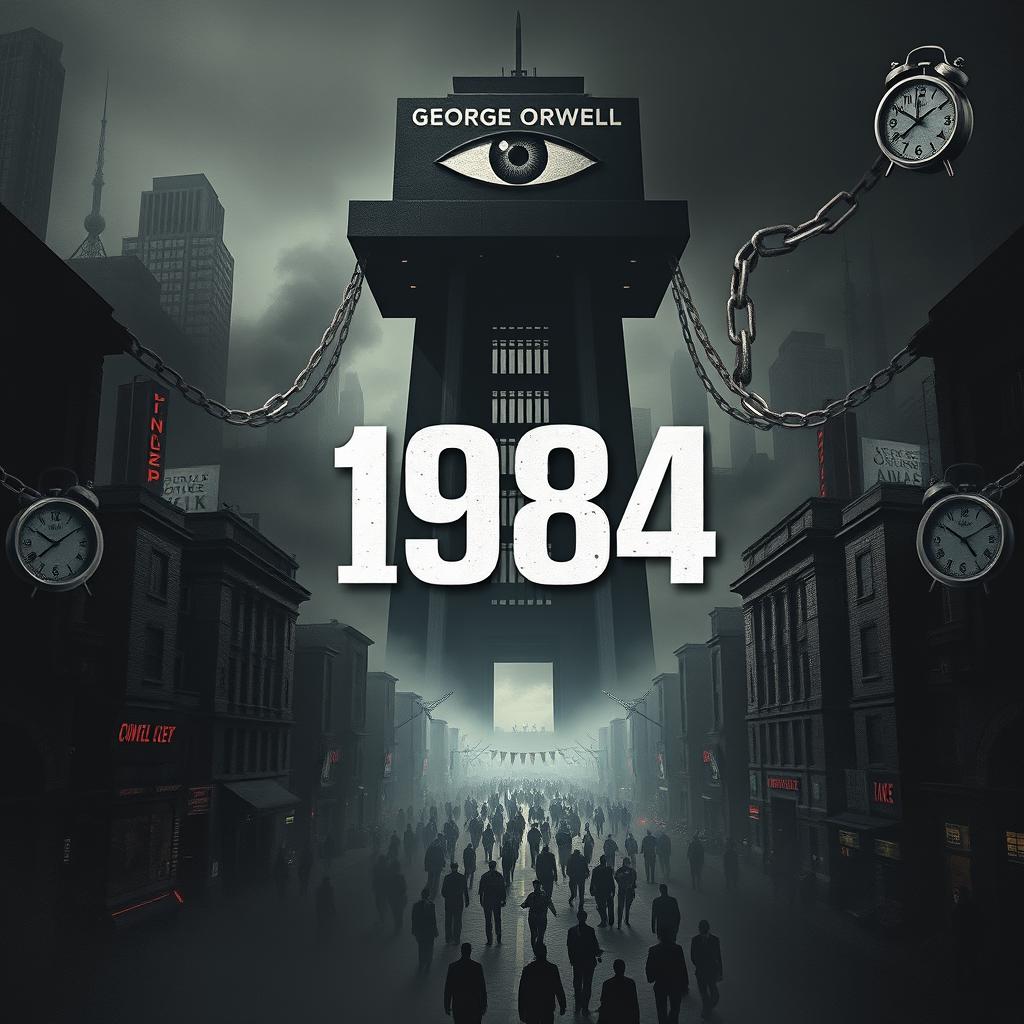 An alternative book cover for George Orwell's 1984, depicting a bleak, futuristic urban landscape cloaked in shadows