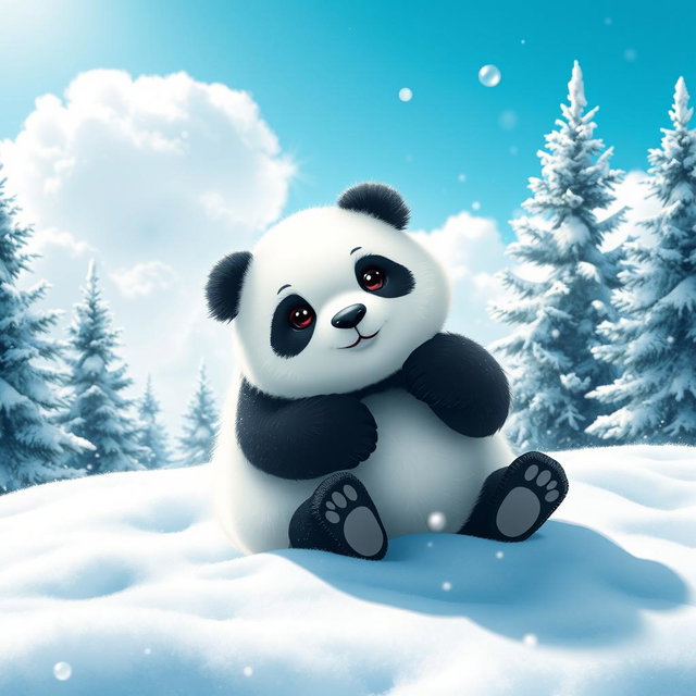A cute polar panda playfully sitting on a snowy landscape, surrounded by glistening white snowflakes and frosty pine trees