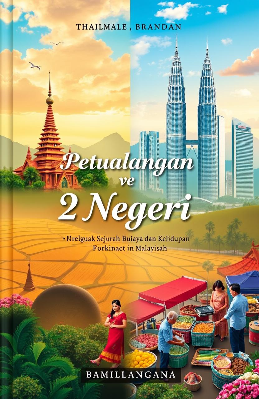 A book cover design for a travel-themed book titled 'Petualangan 2 Negeri: Menguak Sejarah Budaya dan Kehidupan'