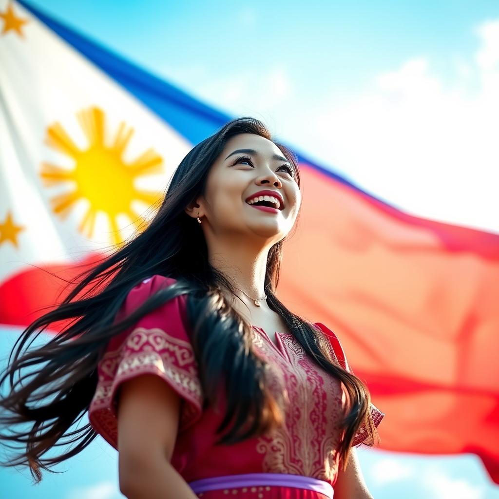 A beautiful lady proudly singing the Philippine national anthem, standing confidently in front of the vibrant flag of the Philippines, her expression filled with passion and patriotism