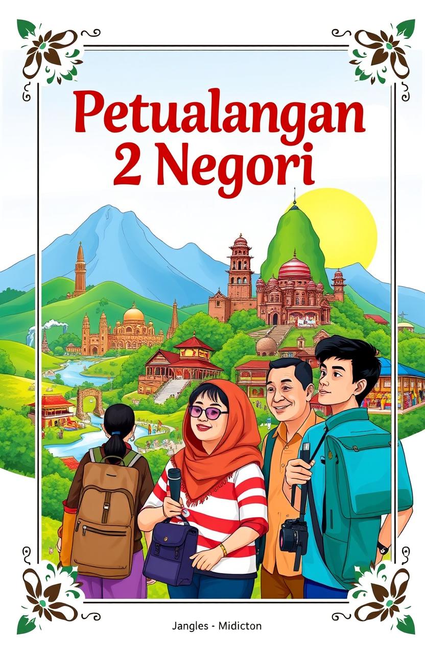 An illustrated book cover for a travel-themed book titled 'Petualangan 2 Negeri'