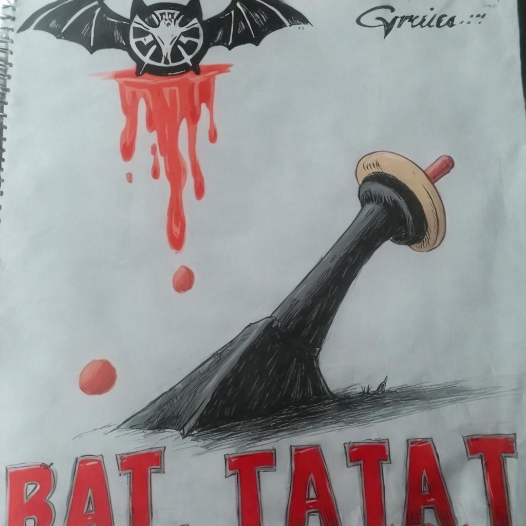 Mano con un bate lleno de sangre y con un titulo que dice "el bat-izillo" de color rojo y con bordes grises