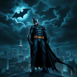 A dynamic and powerful image of Batman standing on a rooftop in Gotham City