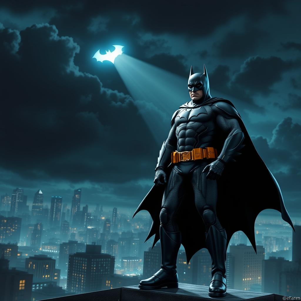 A dynamic and powerful image of Batman standing on a rooftop in Gotham City