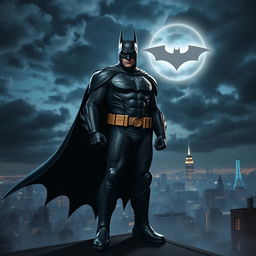 A dynamic and powerful image of Batman standing on a rooftop in Gotham City