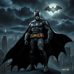 A dynamic and powerful image of Batman standing on a rooftop in Gotham City