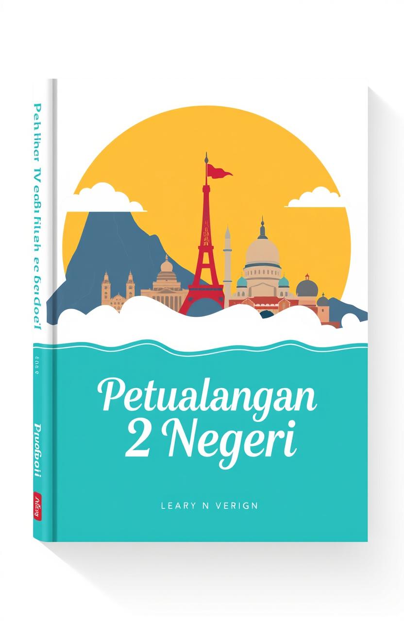 A modern and simple book cover design for a travel-themed book titled 'Petualangan 2 Negeri'