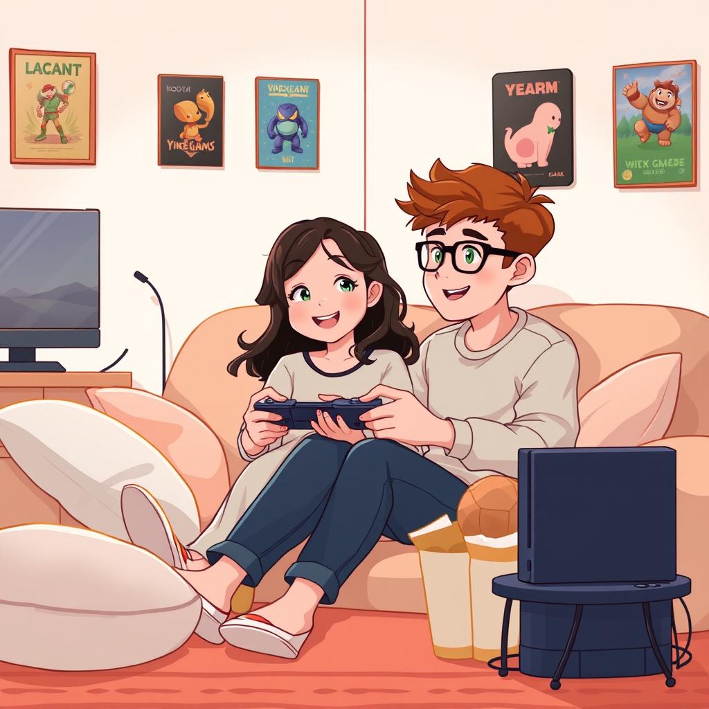 A cute illustration of a young couple sitting together in a cozy living room
