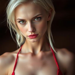 A striking portrait of a skinny, sexy Russian woman with white skin and short blonde hair
