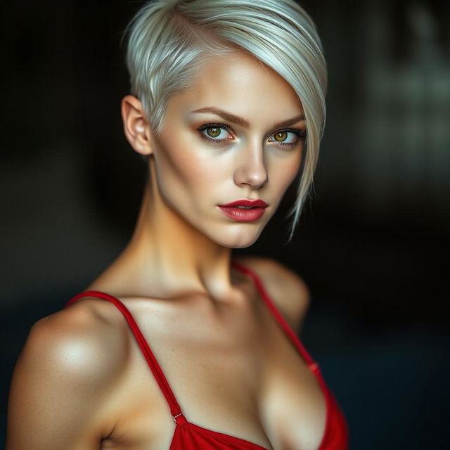 A striking portrait of a skinny, sexy Russian woman with white skin and short blonde hair