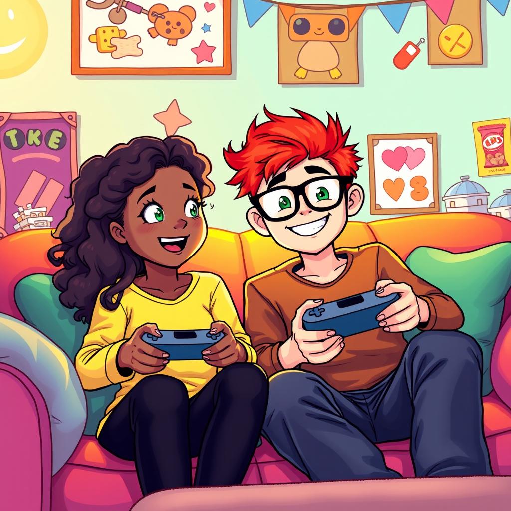 A cute illustration of a couple playing video games together