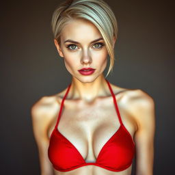 A striking portrait of a skinny, sexy Russian woman with white skin and short blonde hair